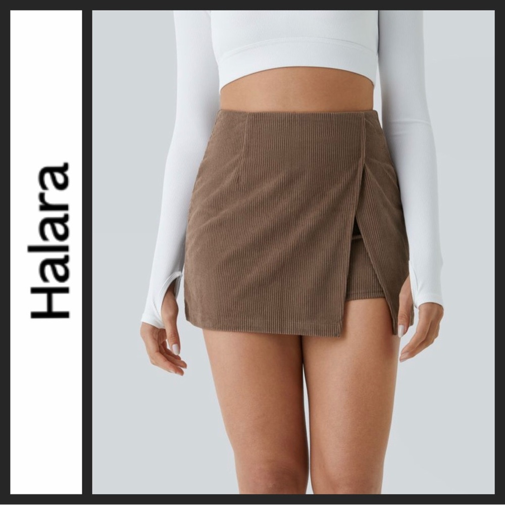 NWT HALARA High Waisted Back Zipper Split Hem 2-in-1 Corduroy Casual Skirt